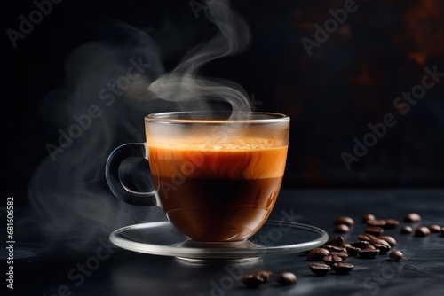  a cup of coffee on a saucer with steam rising out of it and coffee beans scattered around it on a dark surface with smoke coming out of the top.