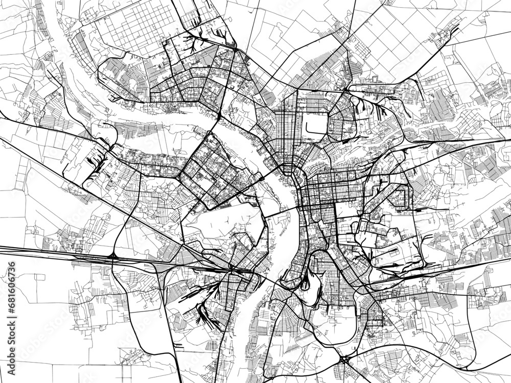 Vector road map of the city of Omsk in the Russian Federation with black roads on a white background.