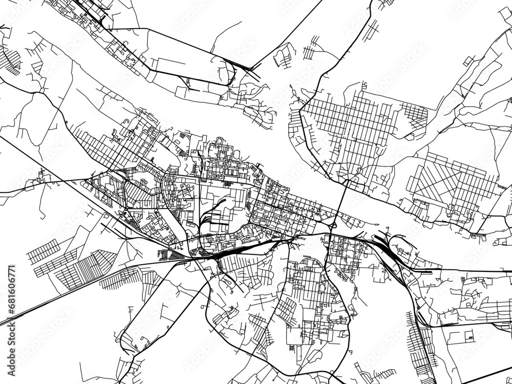 Naklejka premium Vector road map of the city of Rybinsk in the Russian Federation with black roads on a white background.