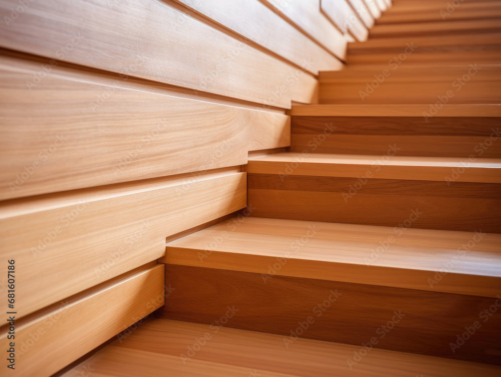 Close-up of a minimalist wooden staircase with clean lines.