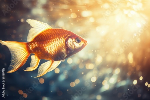  a close up of a goldfish swimming in a body of water with sunlight shining down on the fish's head and back end of it's head. photo