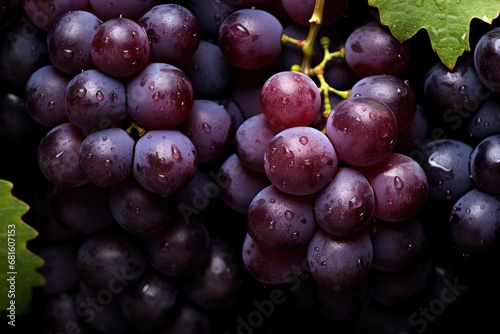  a close up of a bunch of grapes on a vine with water droplets on the leaves of the grapes and the fruit on the vine are ready to be eaten.