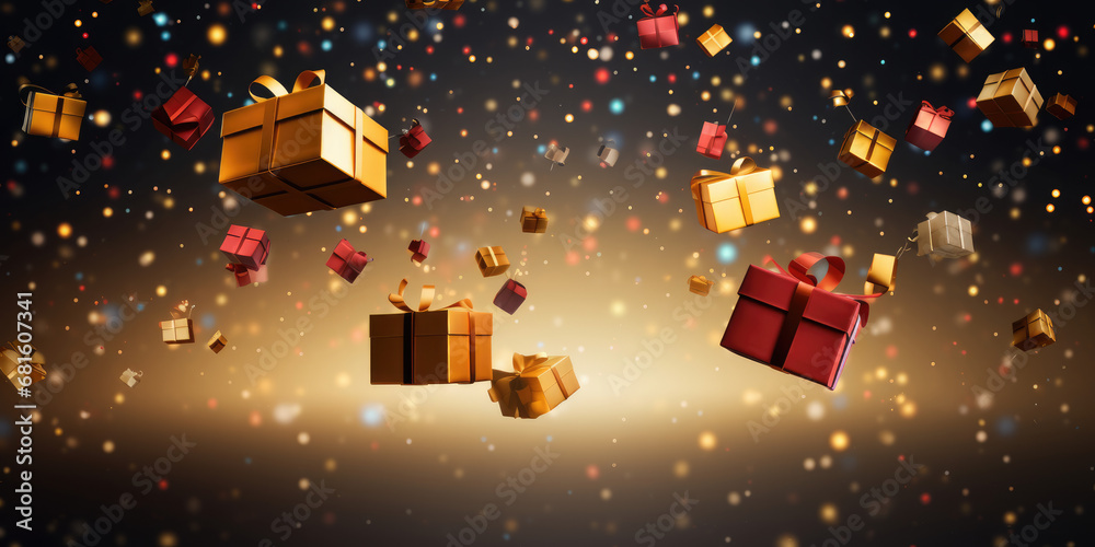 Holiday Celebration: Dark and Golden Background with Gifts, New Year/Christmas Card Holiday Celebration: Dark and Golden Background with Gifts, New Year/Christmas Card