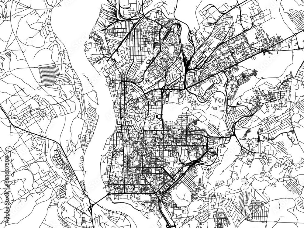 Vector road map of the city of Tomsk in the Russian Federation with black roads on a white background.