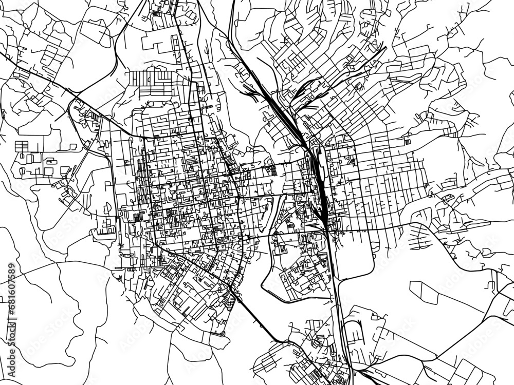 Vector road map of the city of Ussuriysk in the Russian Federation with black roads on a white background.