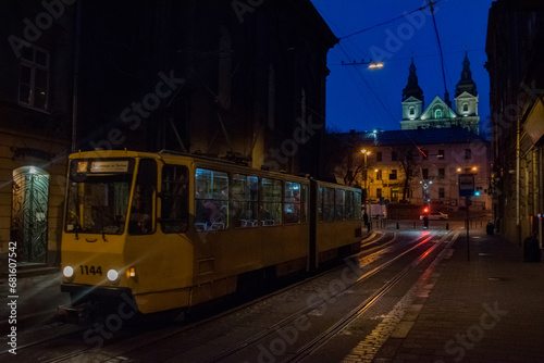 City tram. Morning, Lviv, Ukraine