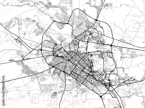 Vector road map of the city of Tyumen in the Russian Federation with black roads on a white background.