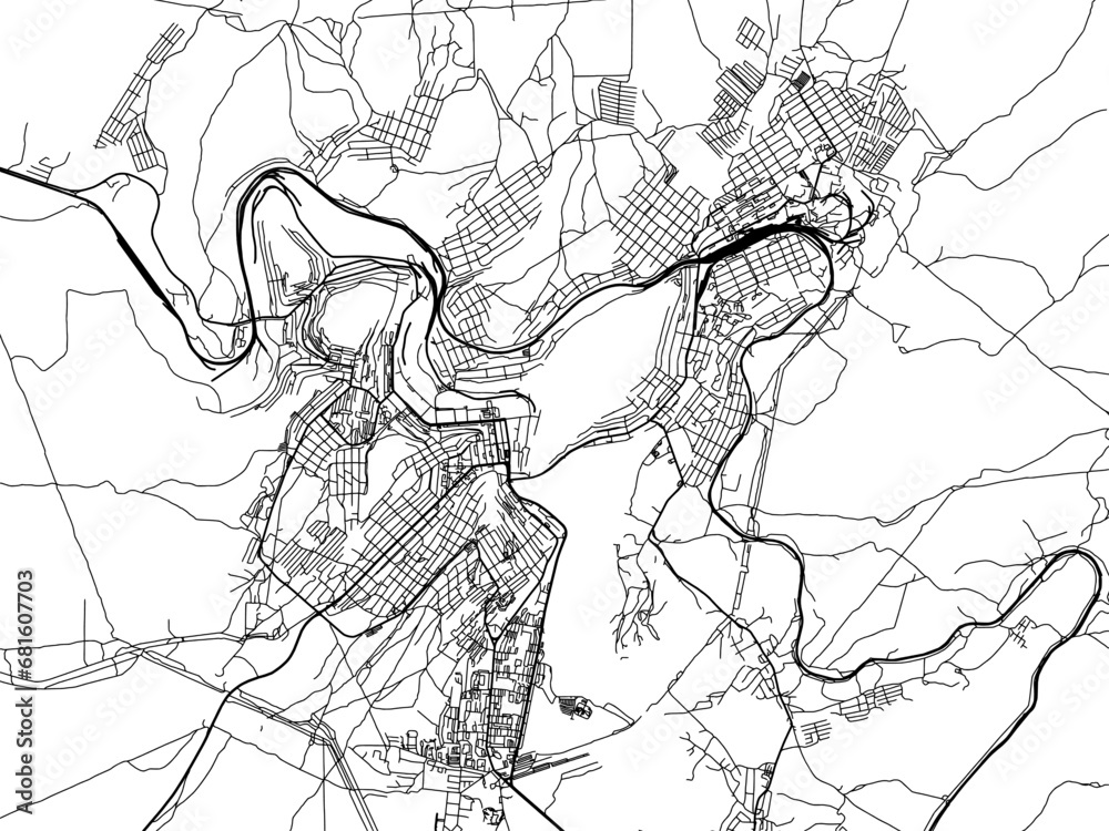 Vector road map of the city of Zlatoust in the Russian Federation with black roads on a white background.
