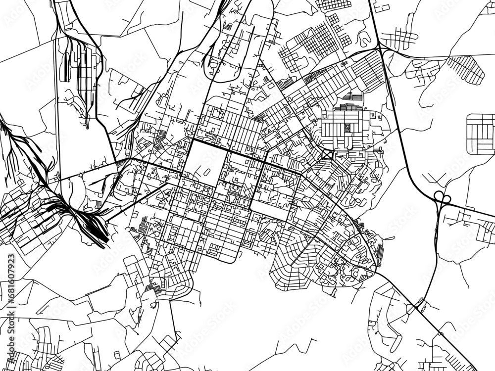 Vector road map of the city of Berezniki in the Russian Federation with black roads on a white background.