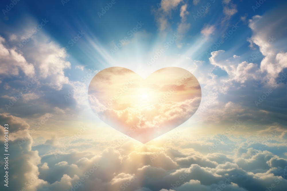 a heart shaped cloud in the middle of a blue sky with the sun shining through the clouds in the shape of a heart in the middle of the middle of the clouds. a heart shaped cloud in the middle of a blue sky with the sun shining through the clouds in the shape of a heart in the middle of the middle of the clouds.