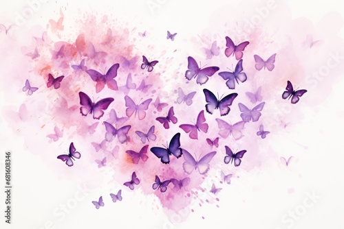  a group of purple butterflies flying in the air with watercolor paint splattered on the back of the image and the bottom half of the image is white. © Shanti