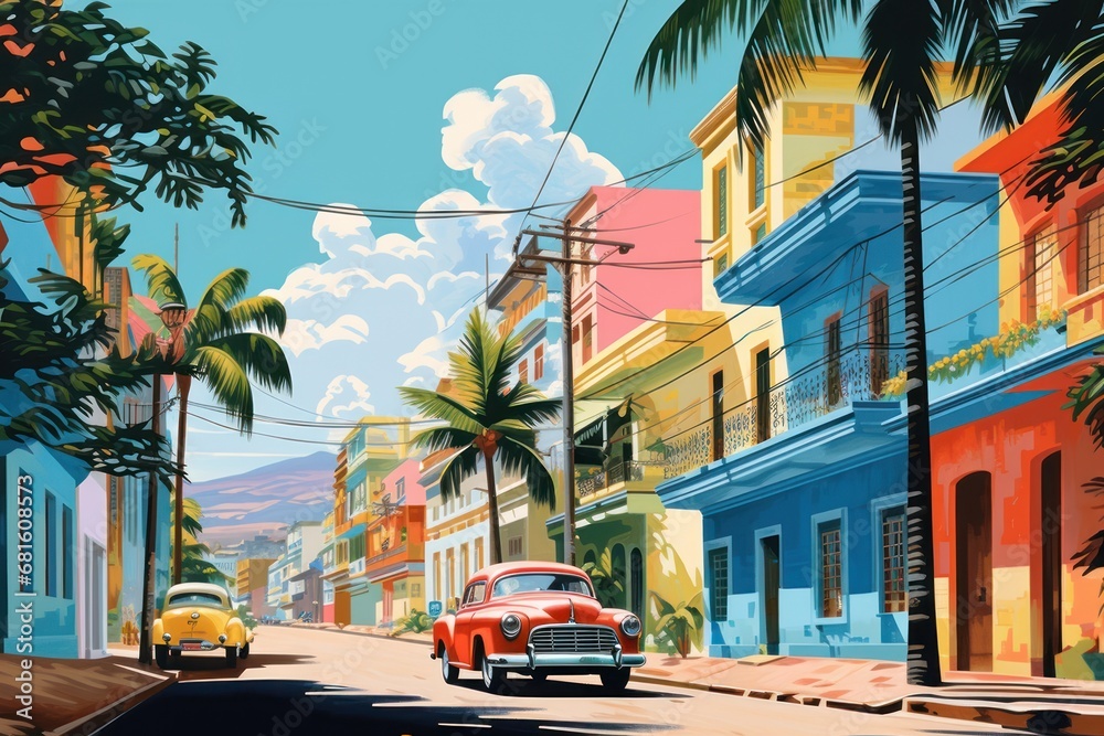  a painting of a red car driving down a street next to a palm tree lined street with colorful buildings and palm trees on either side of the street is a yellow car.