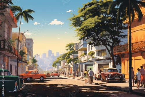  a painting of a city street with cars parked on the side of the street and people walking on the sidewalk in front of the buildings and palm trees on the side of the street. © Shanti
