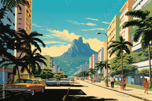  a painting of a city street with cars parked on the side of the road and people walking on the side of the street and palm trees on the side of the street.