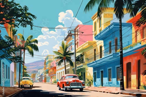  a painting of a red car driving down a street next to a palm tree lined street with colorful buildings and palm trees on either side of the street is a yellow car. © Shanti