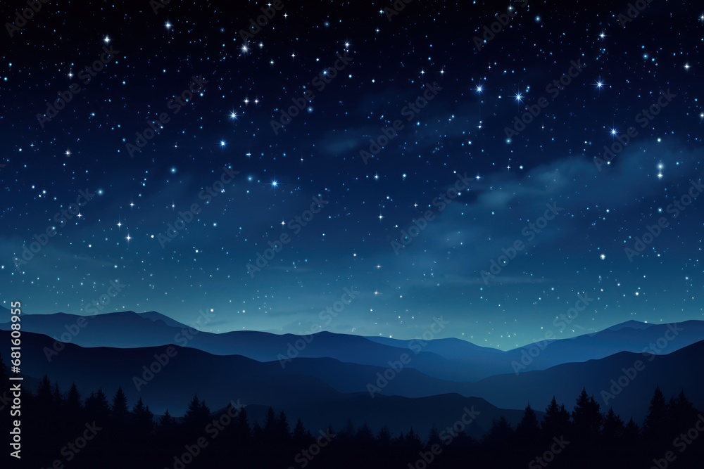  a night sky with stars and a mountain range in the foreground with trees in the foreground and a blue sky filled with stars and a few white clouds.