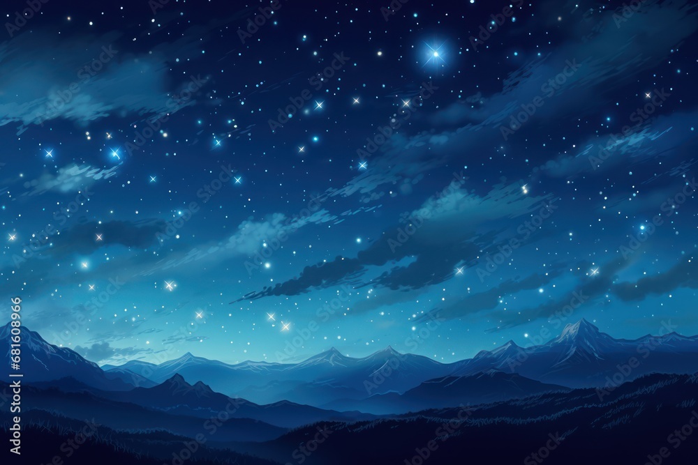 a night sky filled with stars and a mountain range under a blue sky filled with stars and a full moon filled sky filled with stars and a distant mountain range in the foreground.