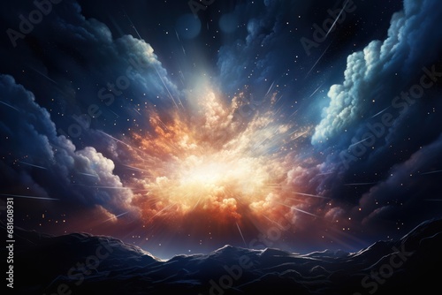  a painting of a sky filled with clouds and a bright light coming out of the center of the sky in the center of the image is a starburst. photo