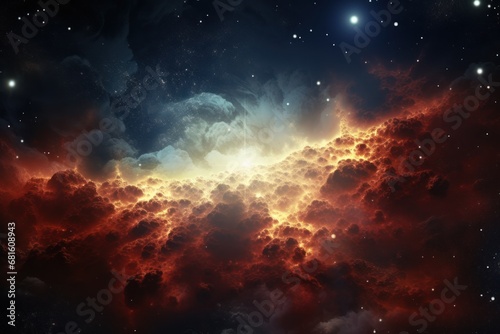  a computer generated image of a red and yellow cloud in the night sky with stars in the sky and a bright light in the middle of the clouds in the sky.