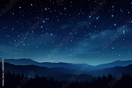  a night sky with stars and a mountain range in the foreground with trees in the foreground and a blue sky filled with stars and a few white clouds.