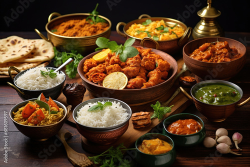 Assorted Indian food on wooden background. Dishes and appetizers of Indian cuisine. Group of Indian food Curry, butter chicken, rice, biryani, paneer, tikka, naan, salad, dessert, chutney and spices.
