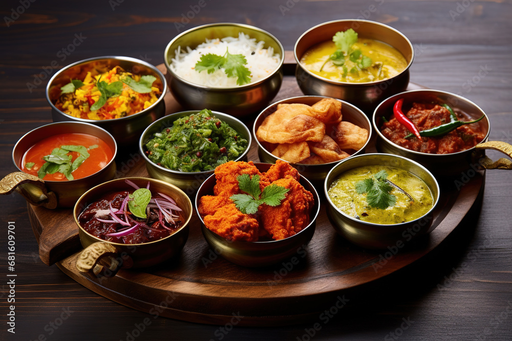 Assorted Indian food on wooden background. Dishes and appetizers of Indian cuisine. Group of Indian food Curry, butter chicken, rice, biryani, paneer, tikka, naan, salad, dessert, chutney and spices. - obrazy, fototapety, plakaty 