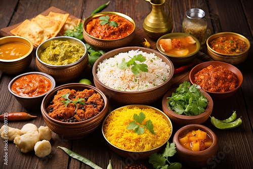 Assorted Indian food on wooden background. Dishes and appetizers of Indian cuisine. Group of Indian food Curry  butter chicken  rice  biryani  paneer  tikka  naan  salad  dessert  chutney and spices.