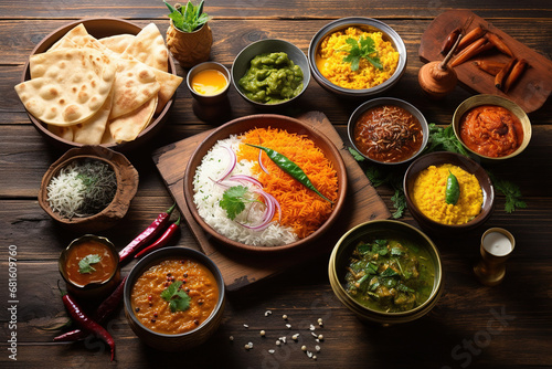 Assorted Indian food on wooden background. Dishes and appetizers of Indian cuisine. Group of Indian food Curry, butter chicken, rice, biryani, paneer, tikka, naan, salad, dessert, chutney and spices.