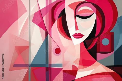  a painting of a woman's face with a red hat on her head and a pink dress on her body, with a mirror behind her head and a pink background.