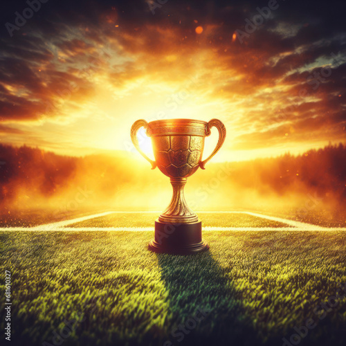 textured field with a soccer cup in the center at sunrise - success concept. ai generative