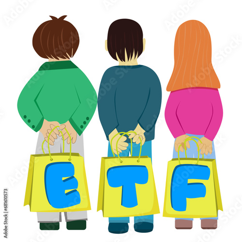 Three people standing with their backs turned Everyone carries a bag with the message ETF.(Exchange Traded Fund)  Concept Entering the Digital Money Fund.