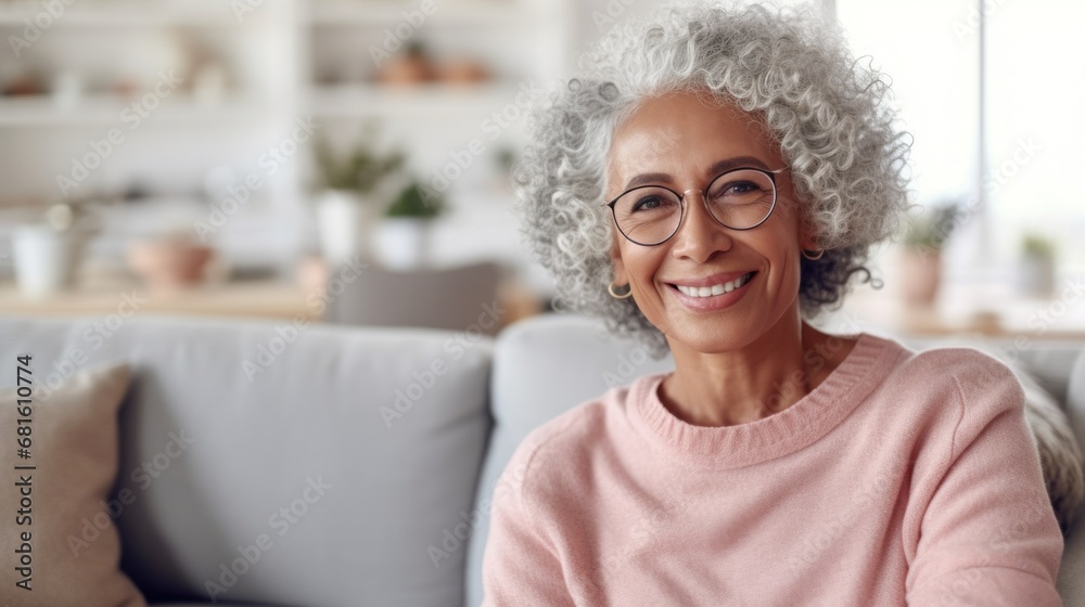 At home, a serene senior woman enjoys her own company on the sofa. At home, a serene senior woman enjoys her own company on the sofa.