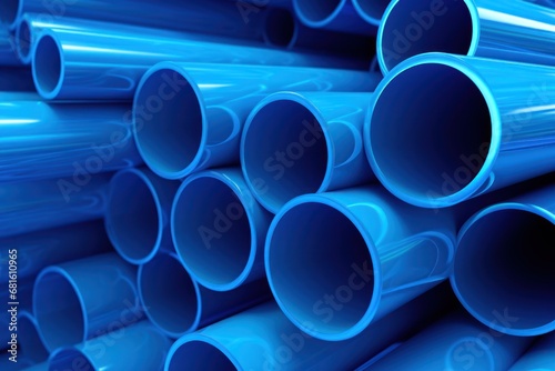  a large stack of blue pipes stacked on top of each other in a warehouse or office building, with the top section of the pipe showing the end of the top section of the pipe.