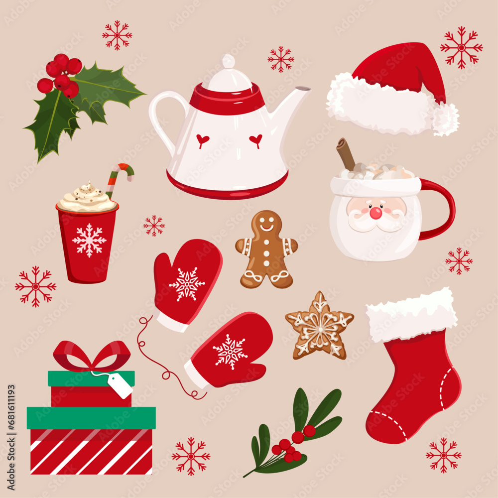 Vector illustration of Christmas, sweets and cookies, cup of coffee. beautiful teapot