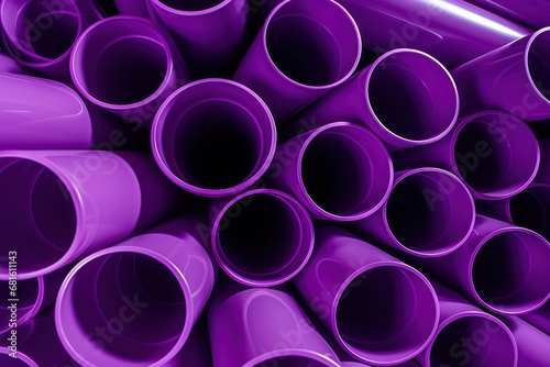  a large pile of purple plastic pipes stacked on top of each other in a pile on top of each other in a pile on top of another pile of purple plastic pipes.