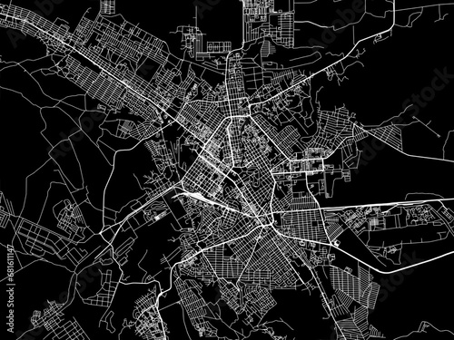 Vector road map of the city of Groznyy in the Russian Federation with white roads on a black background.
