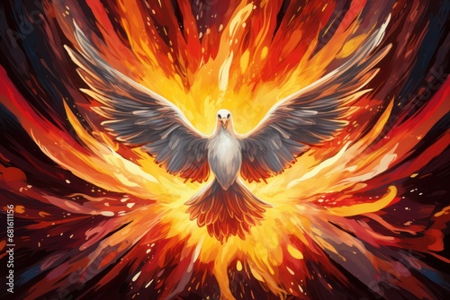  a painting of a bird with orange, yellow, and red colors flying through the air with its wings spread wide open in front of the viewer's eyes.