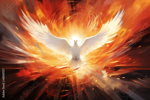  a painting of a white bird with orange and yellow feathers flying through the air with bright orange and red flames coming out of the back of it's wings.