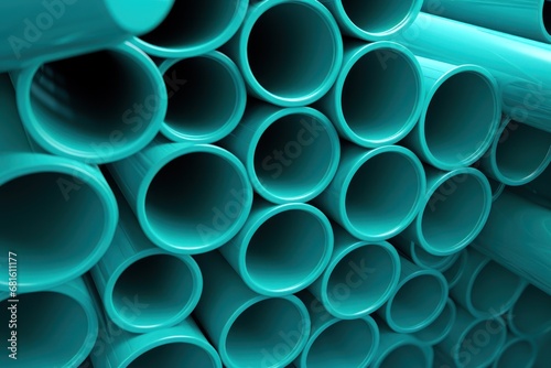  a large stack of blue pipes stacked on top of each other in a warehouse or industrial area with a bright blue light shining on the top of the pipes and the pipes.