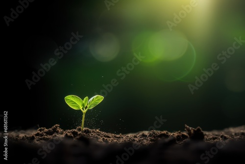  a small green plant sprouting out of the ground in the middle of a dark room with sunlight streaming through the window and green light shining on the ground.