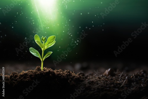  a small green plant sprouts from the ground in front of a bright green light that is shining down on the ground, with dirt and dirt on the ground.