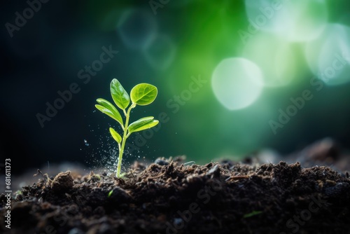  a young plant sprouts from the ground in front of a green boke of boke of light in a dark, boke - boke - boke background.