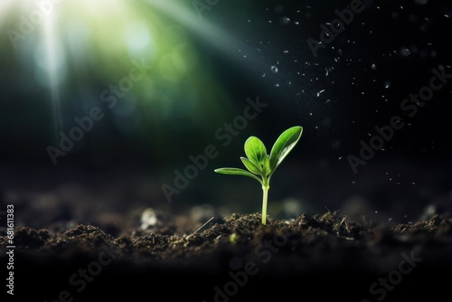  a young plant sprouts from the ground in front of a bright light that is shining down on the ground with dirt on the ground and dirt on the ground.