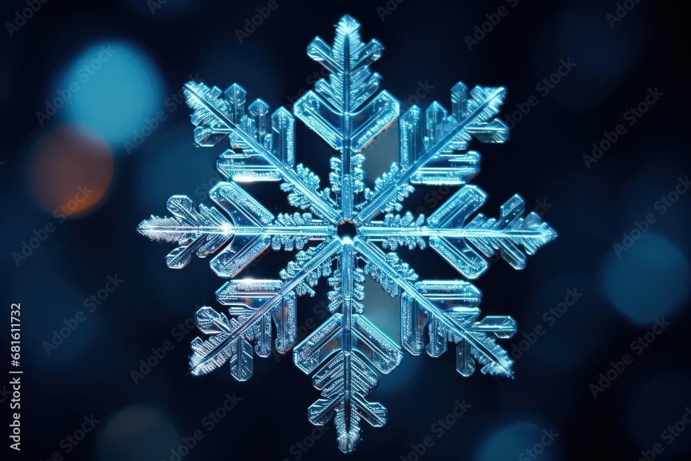 a close up of a snowflake on a blue background with boke of lights in the background and a blurry boke of snow flecks in the foreground. a close up of a snowflake on a blue background with boke of lights in the background and a blurry boke of snow flecks in the foreground.