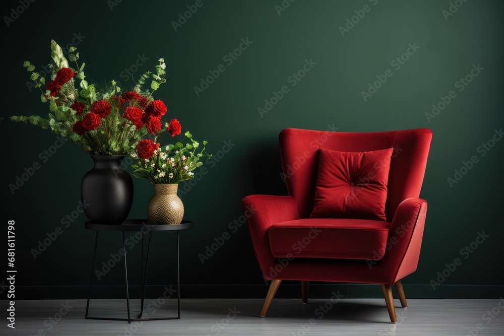  a red chair next to a black table with a vase of red carnations and a black vase with red carnations and a gold vase with red carnations.