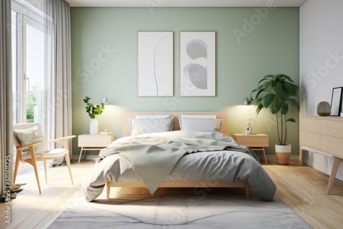  a bed room with a neatly made bed and a potted plant on the side of the bed in front of a sliding glass door that leads to a patio.