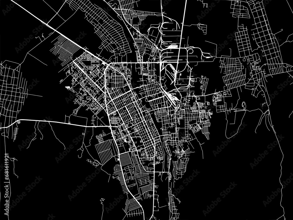 Vector road map of the city of Vladikavkaz in the Russian Federation with white roads on a black background.