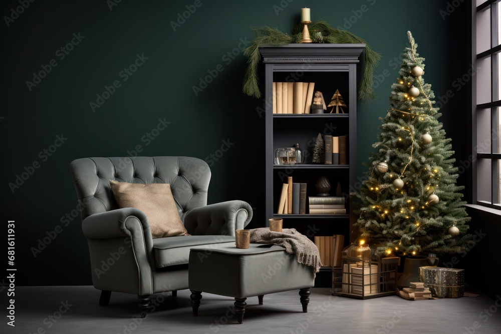 a living room with a christmas tree in the corner and a chair in front of a book shelf with a christmas tree in the corner and a chair in front of a window. a living room with a christmas tree in the corner and a chair in front of a book shelf with a christmas tree in the corner and a chair in front of a window.
