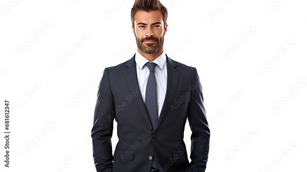 An isolated businessman dressed according to the dress code against a stark white background An isolated businessman dressed according to the dress code against a stark white background