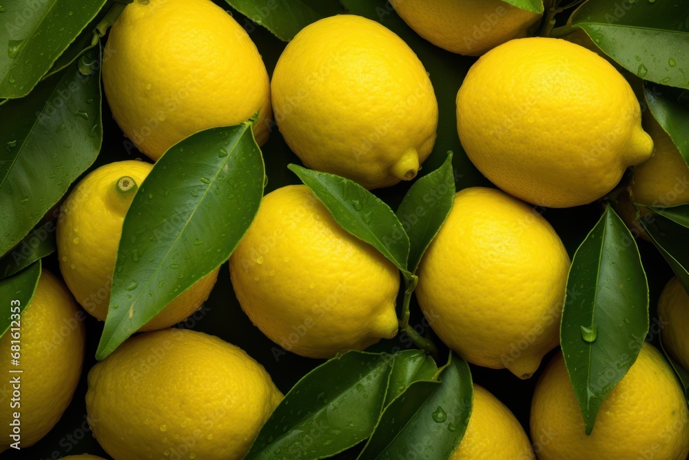  a pile of yellow lemons with green leaves on top of a pile of yellow lemons with green leaves on top of a pile of yellow lemons with green leaves on top of them.